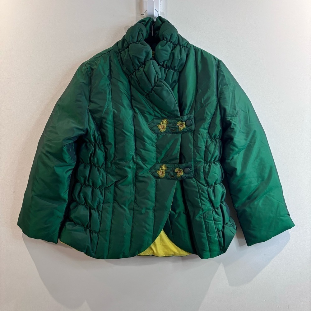 SISSY ME Sz L Puffer Coat Jacket Emerald Green Embroidered Snap Buttons NEW